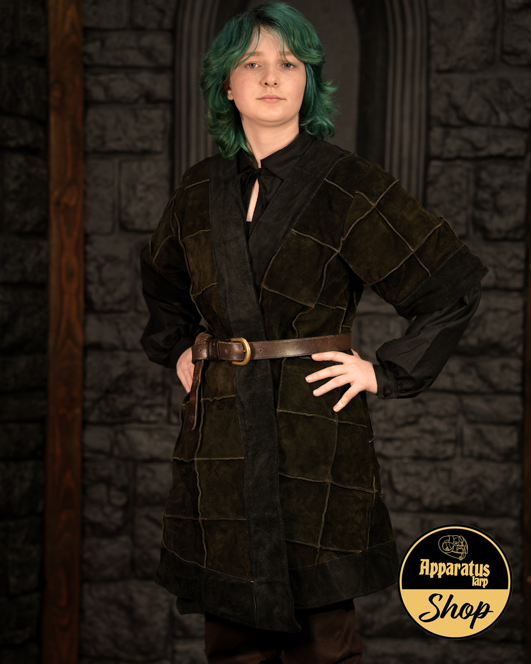 Vikinger Lederklappenmantel Hagi Schwarz/Braun